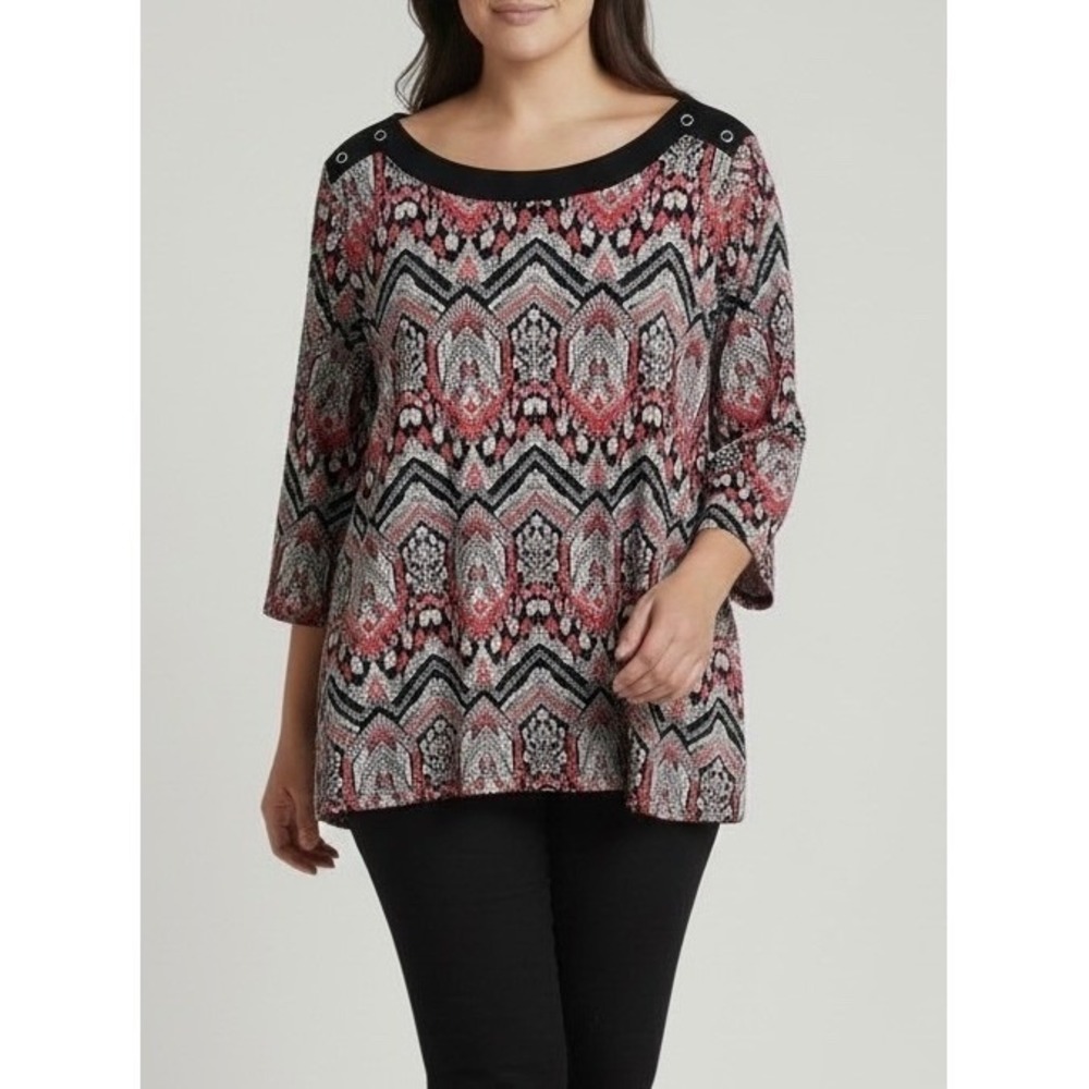 Alfred Dunner Womens XL Pink Black Geometric Ikat 3/4 Sleeve Boat Neck Tunic Top